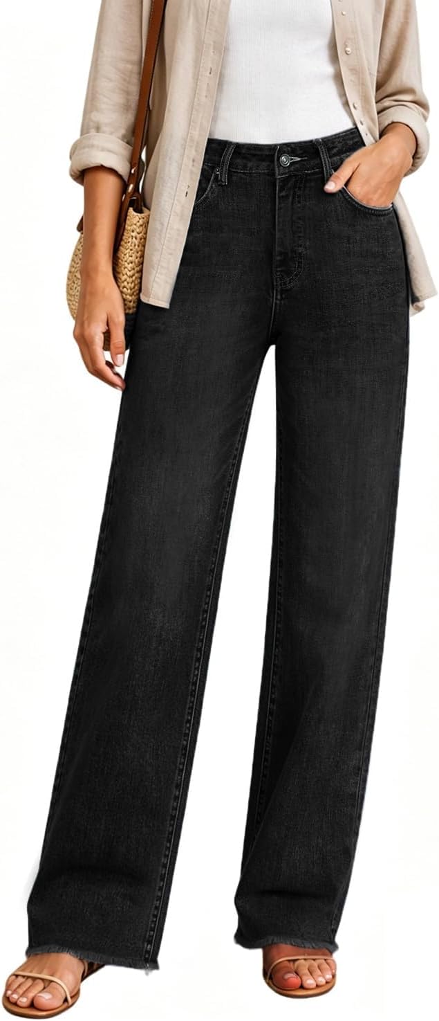Women's High Waisted Straight Leg Jeans - Tummy Control Stretch Denim with a Raw Edge Hem - 2 Short