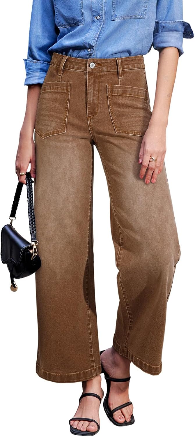 Women's Wide Leg Ankle Jeans - High Waisted Stretch Denim with Four Patch Pockets and Distressing - 4