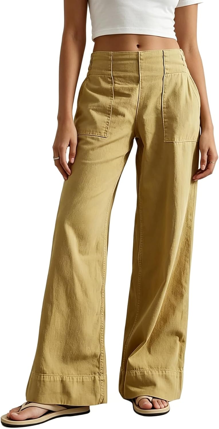 Women's Elastic Waist Wide Leg Jeans - Full Length Baggy Denim Pants for Relaxed Everyday Wear - Small
