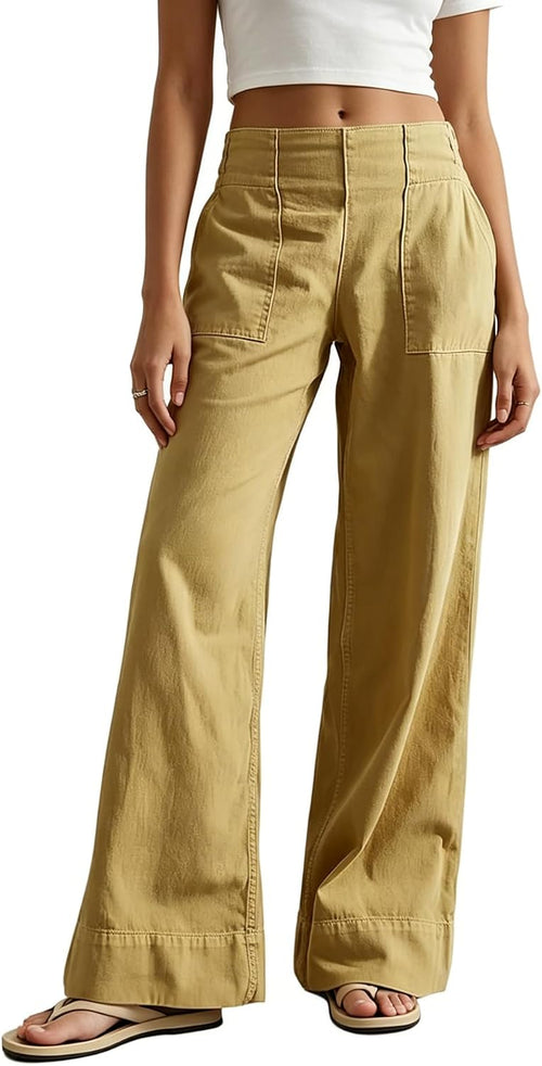 Women's Elastic Waist Wide Leg Jeans - Full Length Baggy Denim Pants for Relaxed Everyday Wear - Small