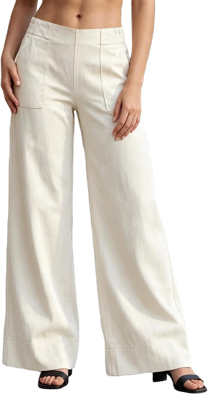 Women's Elastic Waist Wide Leg Jeans - Full Length Baggy Denim Pants for Relaxed Everyday Wear - Small
