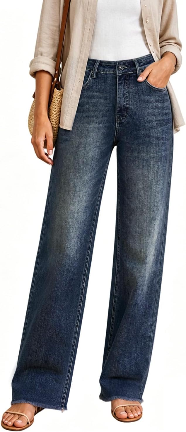 Women's High Waisted Straight Leg Jeans - Tummy Control Stretch Denim with a Raw Edge Hem - 2