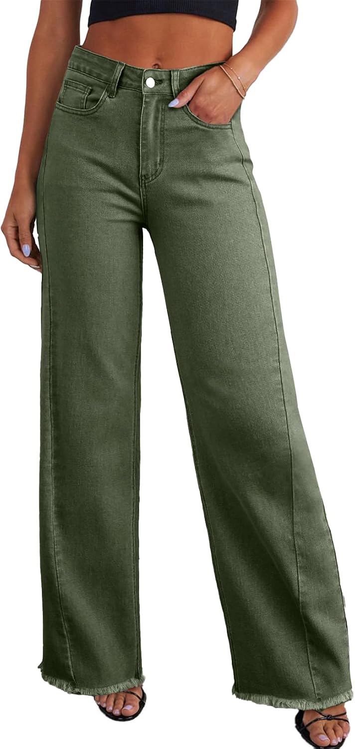 Women's High Waisted Wide Leg Jeans - Raw Hem Baggy Boyfriend Denim in Full Length for Daily Outfits - 2