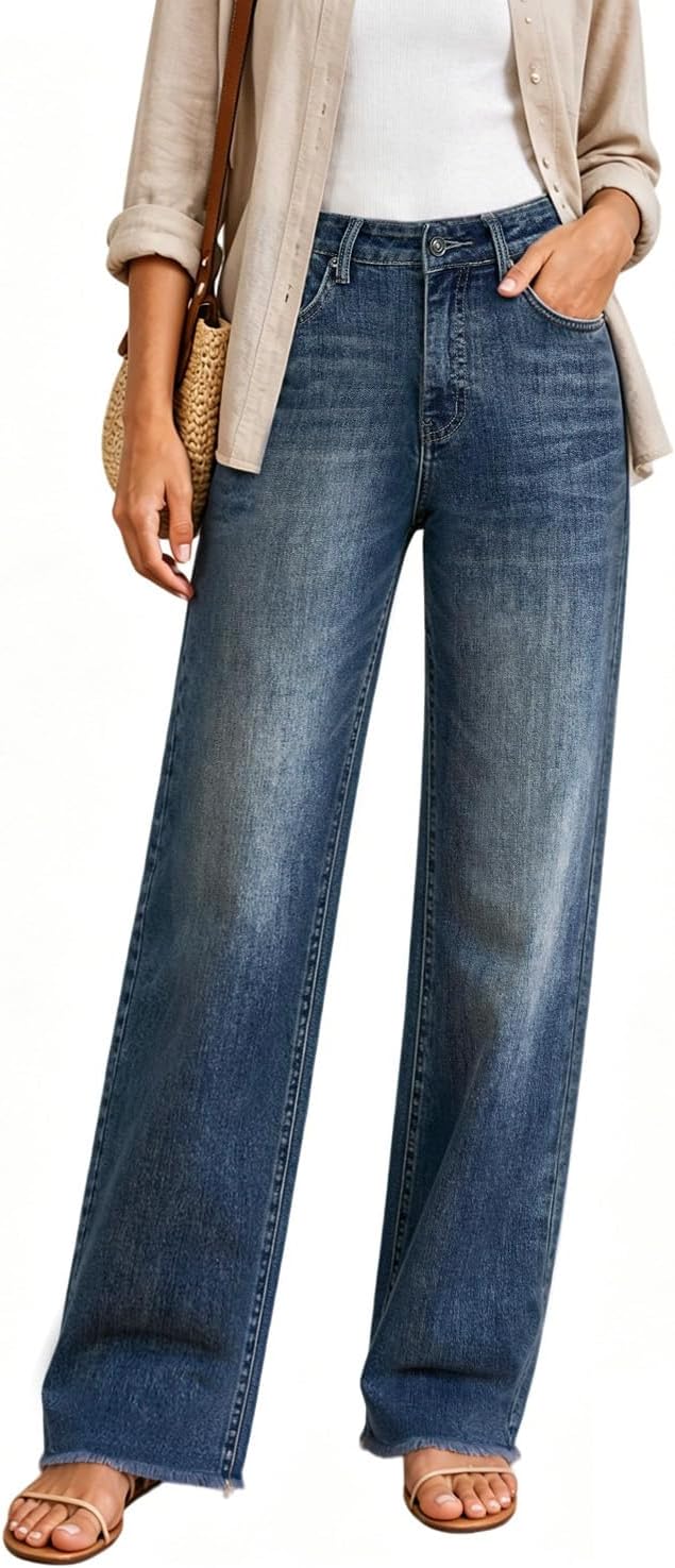 Women's High Waisted Straight Leg Jeans - Tummy Control Stretch Denim with a Raw Edge Hem - 2