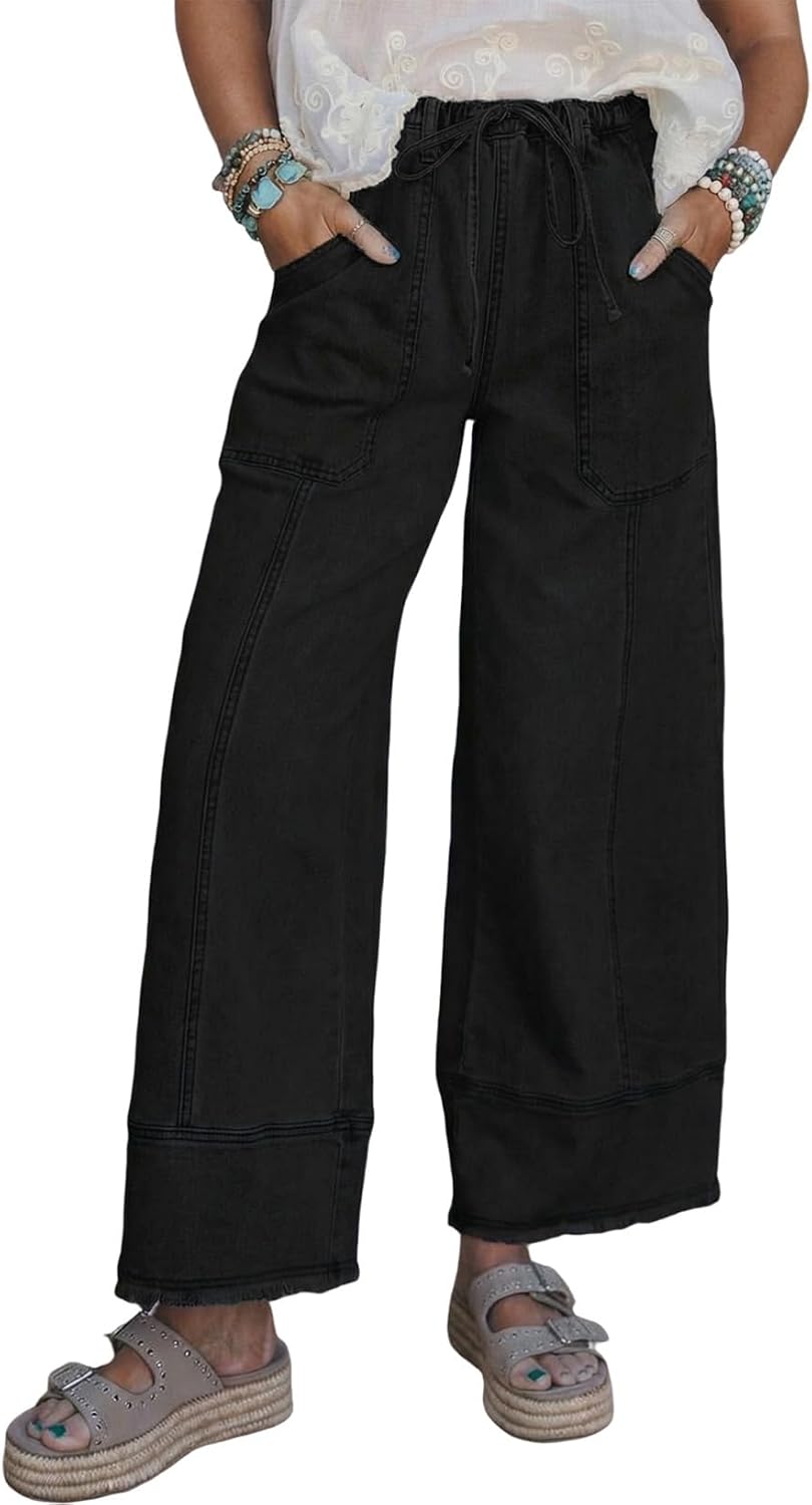 Women's High Waisted Wide Leg Jeans - Baggy Stretch Denim with an Adjustable Drawstring Waist - 4