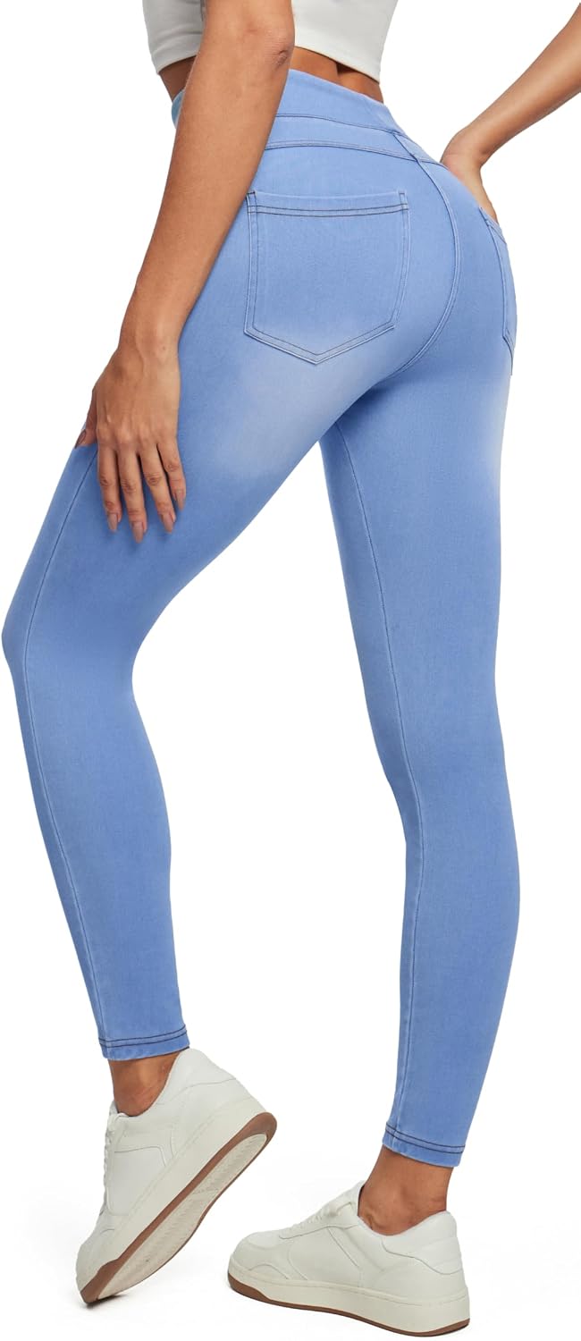 Women's Pull On Denim Jeggings - High Waist Skinny Leggings with Tummy Control and Four Pockets - Regular