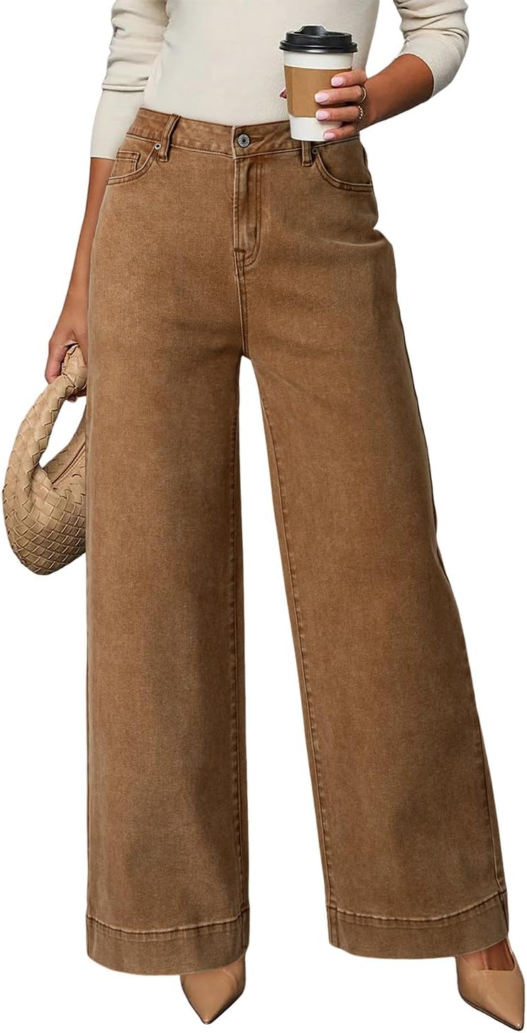 Women's High Waisted Wide Leg Jeans - Loose Stretch Denim with a Straight Leg for Everyday Casual Wear - 2