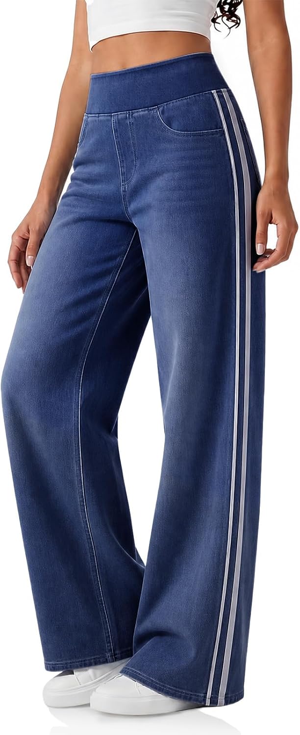 Women's Side Striped Wide Leg Jeans - Pull On Stretch Denim with Side and Back Pockets - Small