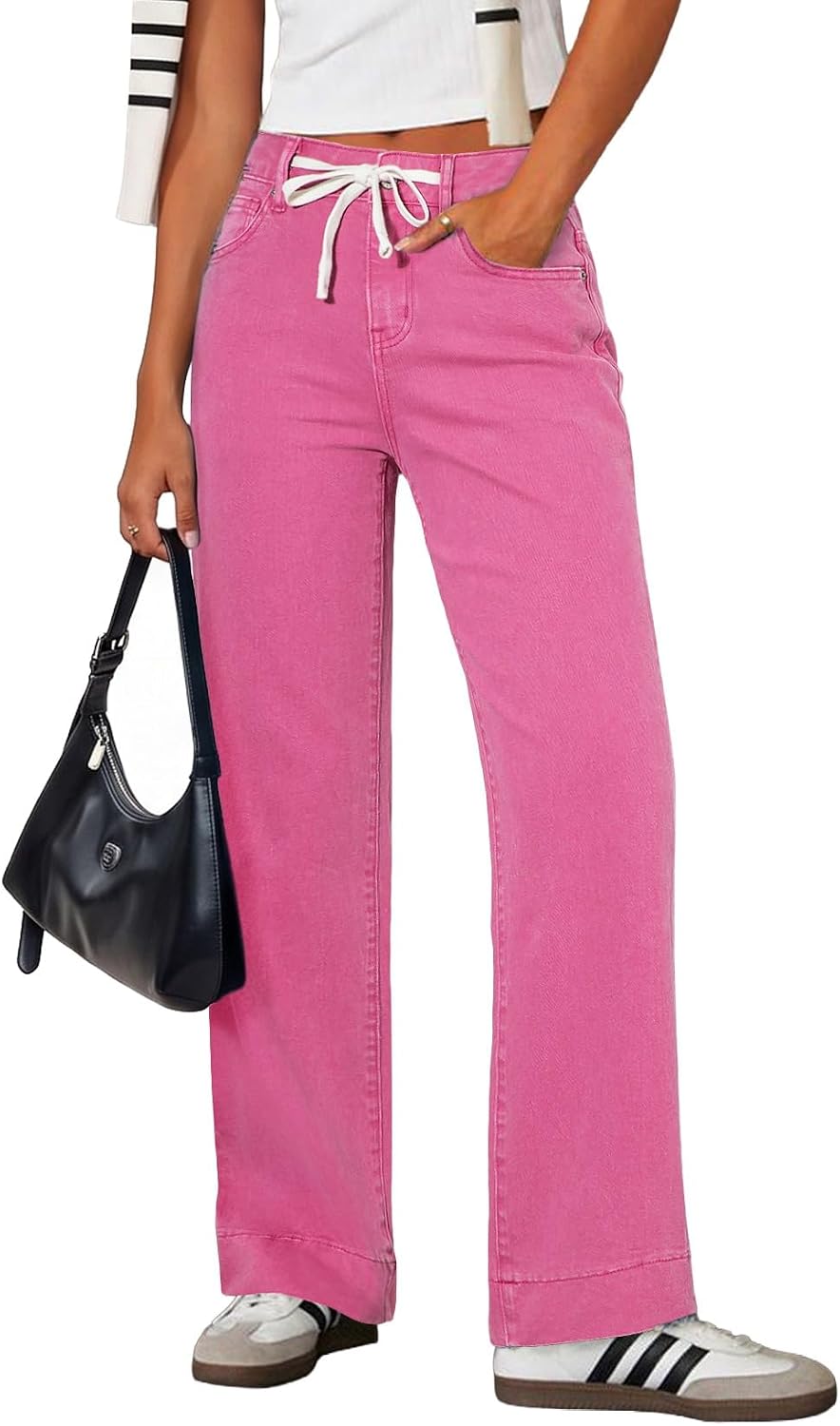Women's High Rise Straight Leg Jeans - Stretch Denim with an Adjustable Drawstring and Pockets - 2