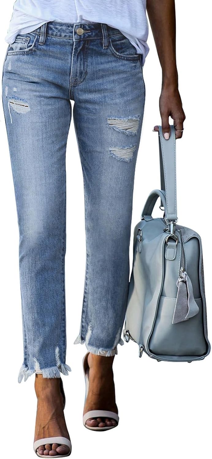 Women's Ripped Straight Leg Jeans - Distressed Boyfriend Denim with Raw Hem and Five Pockets - 4