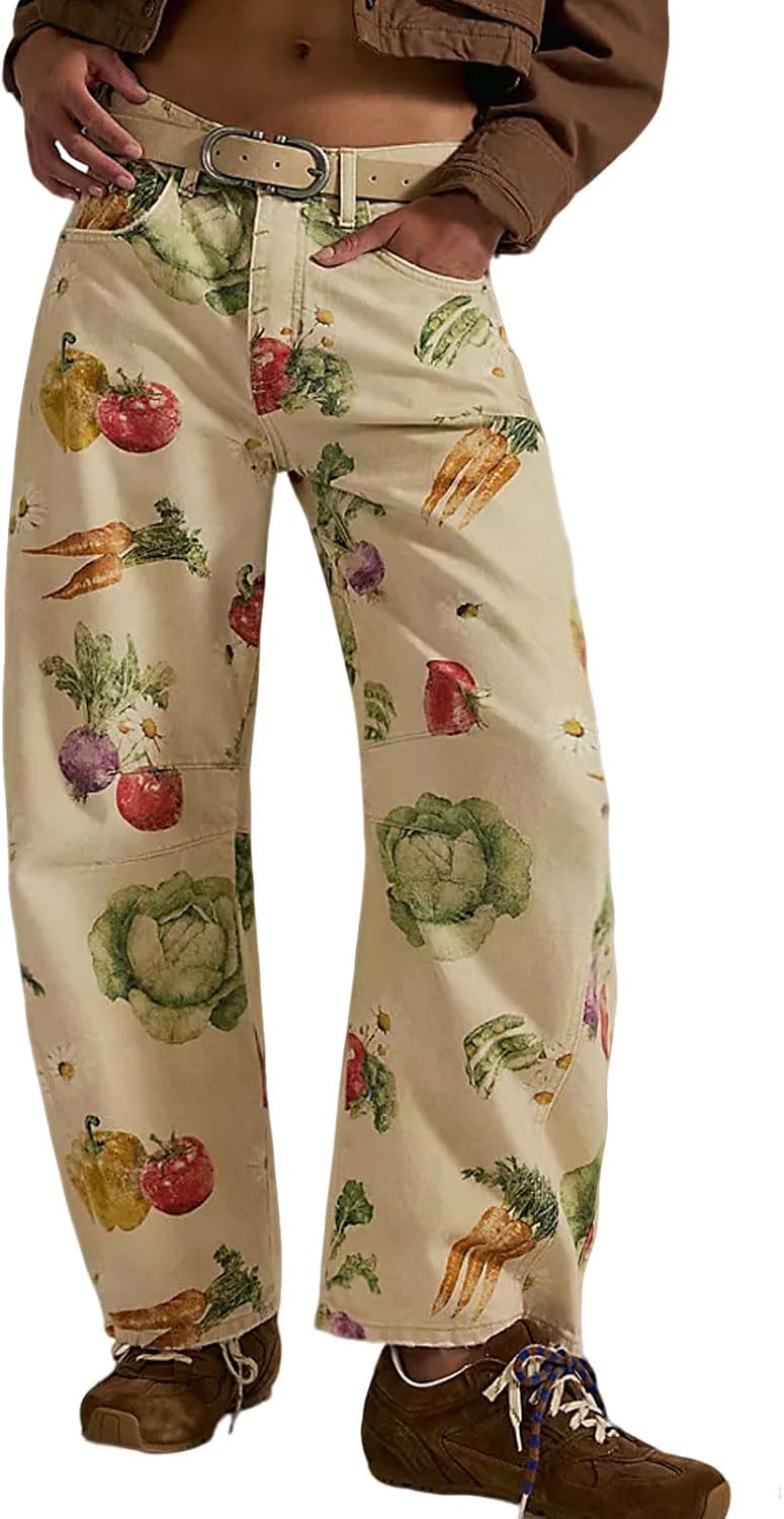 Women's Floral Print Barrel Jeans - Mid Rise Baggy Wide Leg Ankle Denim with Patchwork Detail - Small (13)