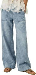 Women's Cotton Wide Leg Jeans - Low Mid Rise Pull On Baggy Denim with Oversized Pockets for Boho Outfits - Small