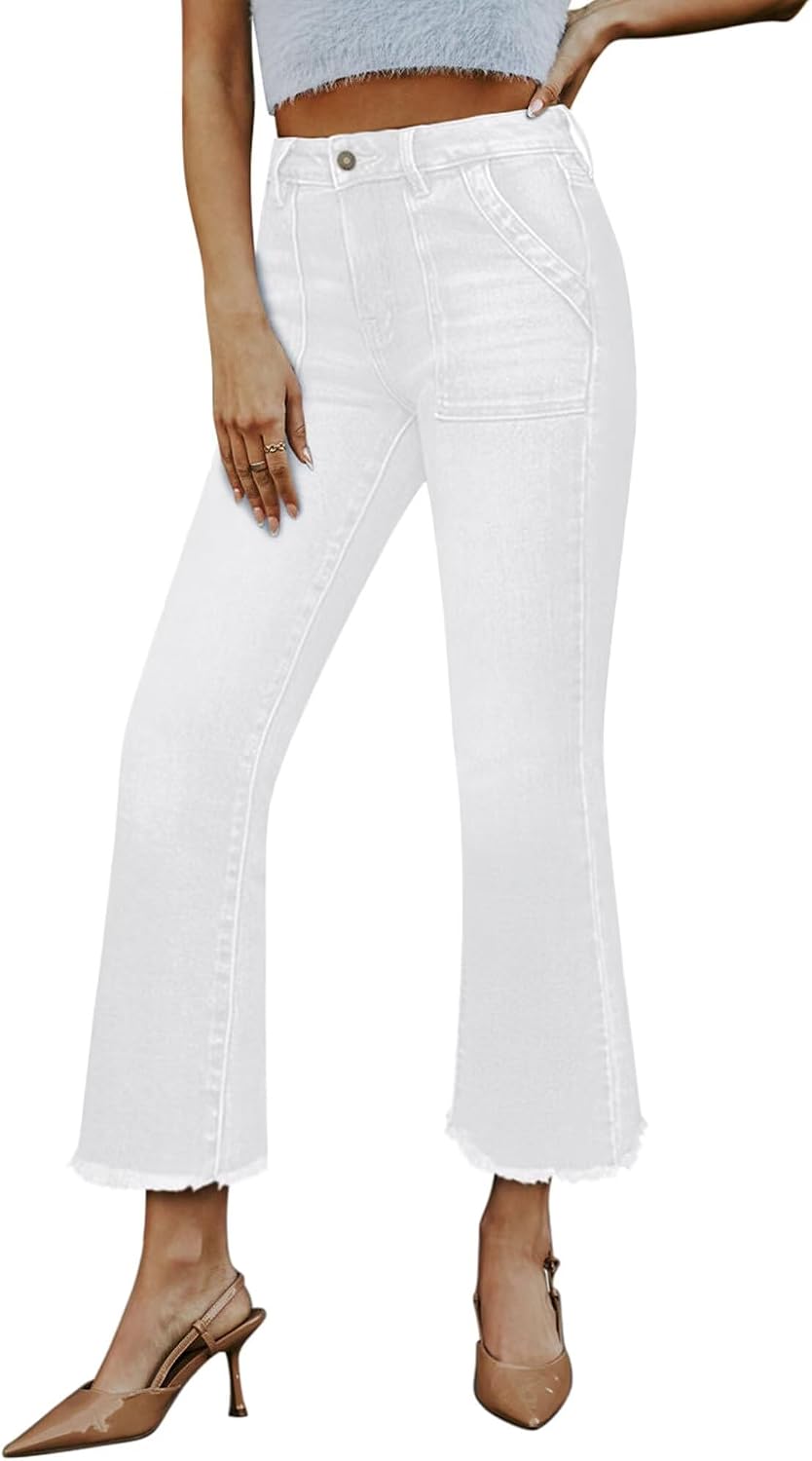 Women's Stretch Denim Flare Jeans - High Rise Raw Hem Ankle Crop with Bootcut Leg for Daily Wear - 4