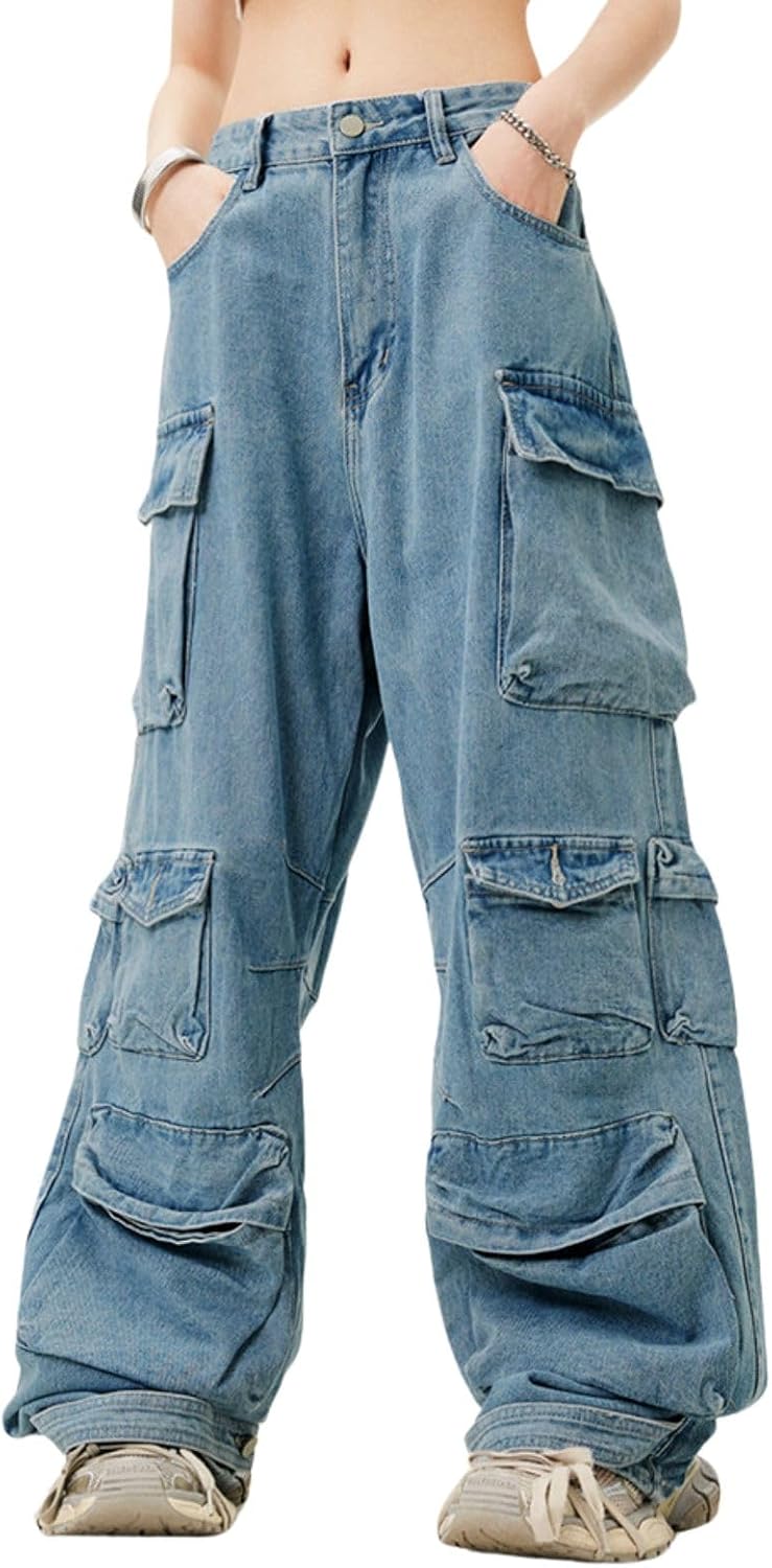Women's Cargo Jeans - Low Waist Baggy Wide Leg Denim with Multiple Pockets for Grunge Streetwear - Small