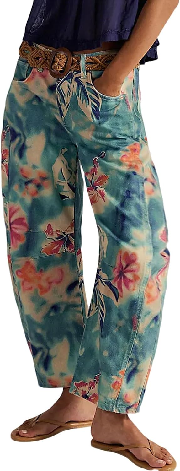 Women's Floral Print Barrel Jeans - Mid Rise Baggy Wide Leg Ankle Denim with Patchwork Detail - Small