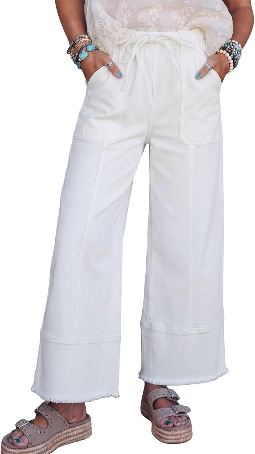 Women's High Waisted Wide Leg Jeans - Baggy Stretch Denim with an Adjustable Drawstring Waist - 4