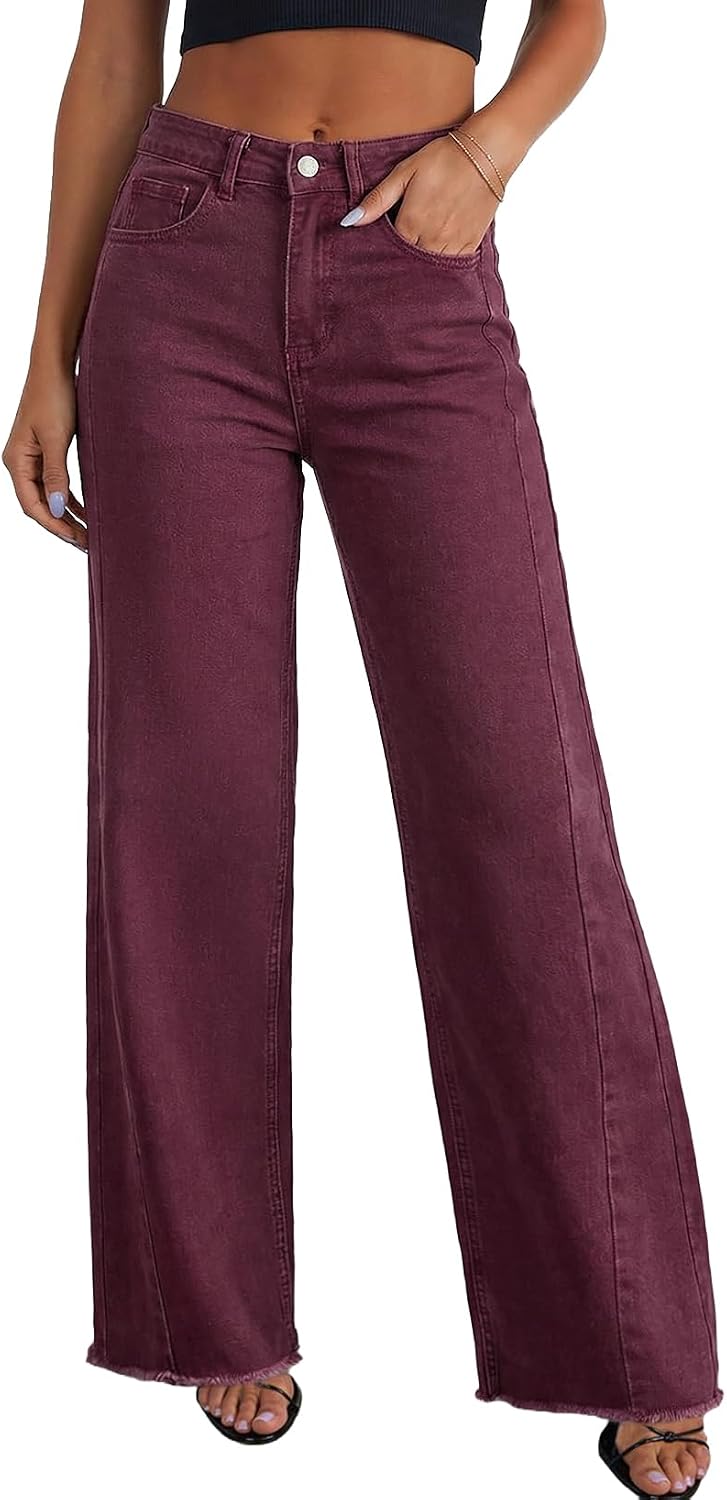 Women's High Waisted Wide Leg Jeans - Raw Hem Baggy Boyfriend Denim in Full Length for Daily Outfits - 2