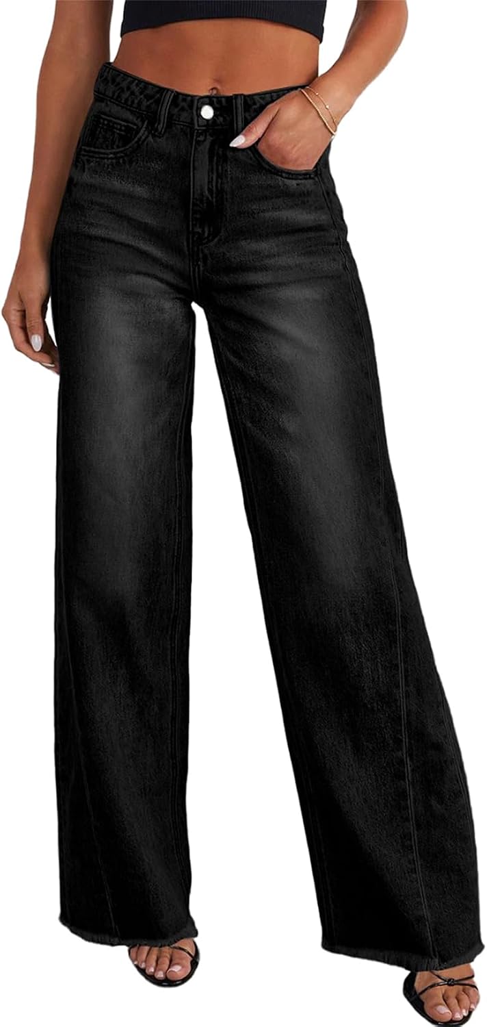 Women's High Waisted Wide Leg Jeans - Raw Hem Baggy Boyfriend Denim in Full Length for Daily Outfits - 0