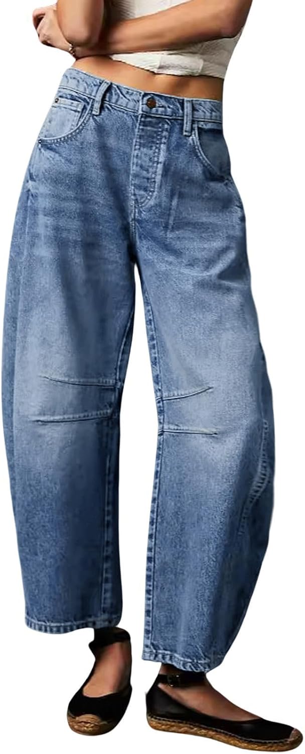 Women's Vintage Wash Barrel Jeans - Mid Rise Loose Wide Leg Cropped Denim for Weekend Outfits - Small (9)