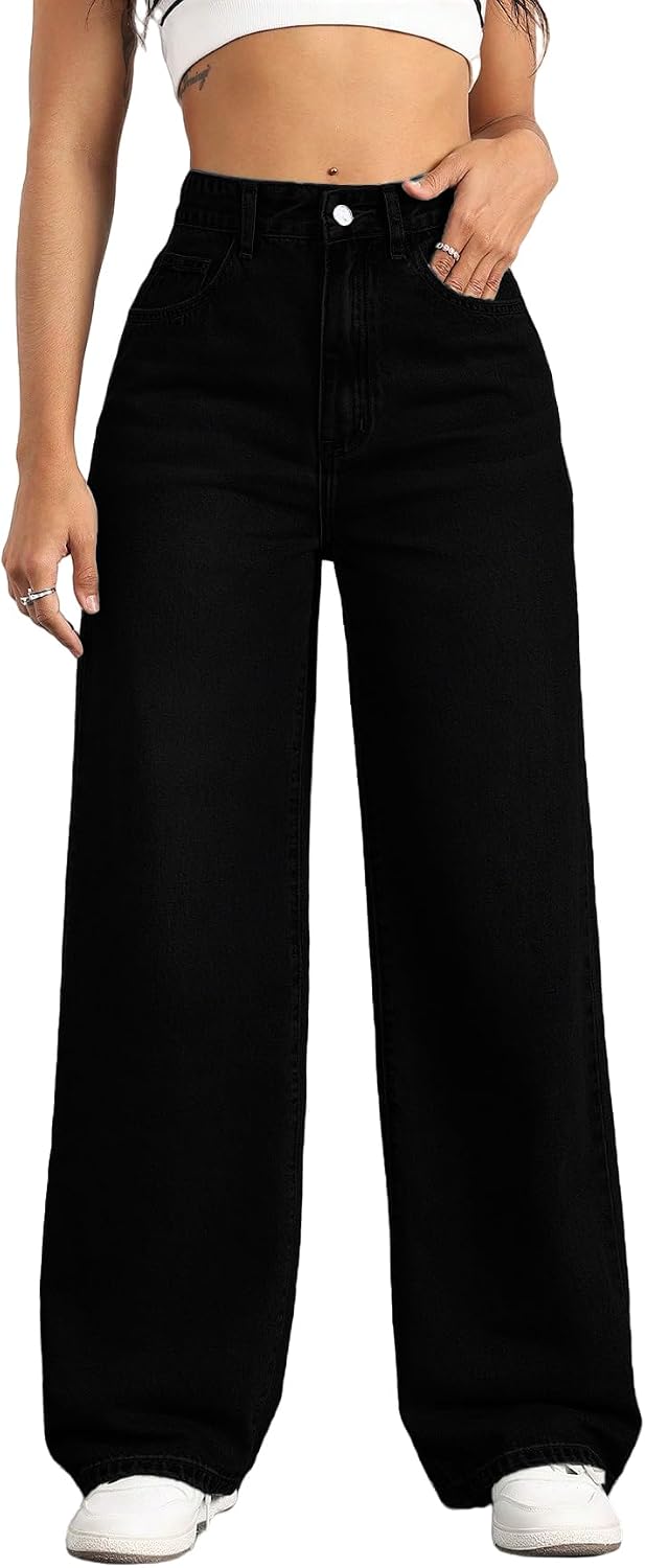Women's High Rise Straight Leg Jeans - Baggy Boyfriend Denim with Five Pockets for Casual Wear - Apricot (5)