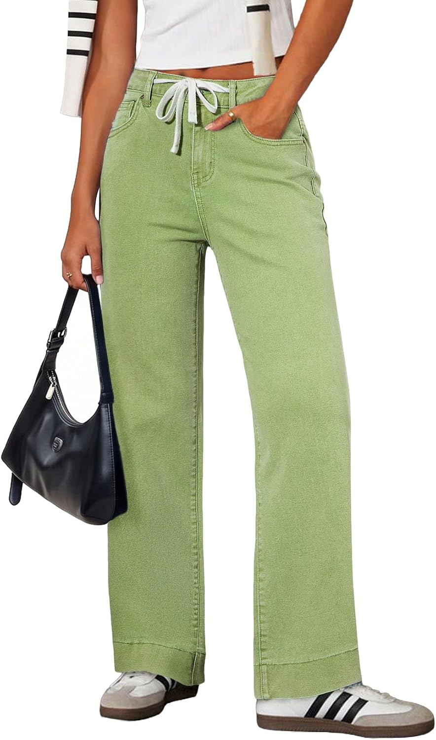 Women's High Rise Straight Leg Jeans - Stretch Denim with an Adjustable Drawstring and Pockets - 2