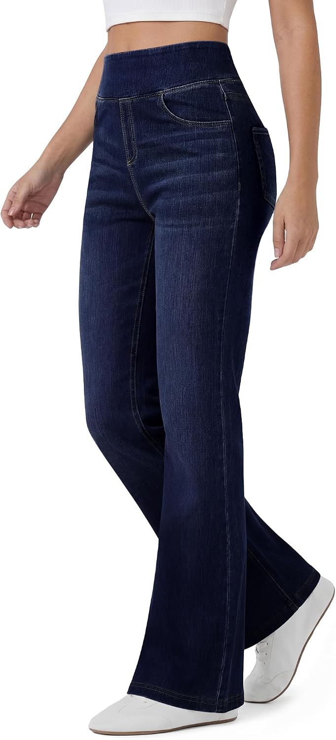 Women's Soft Stretch Denim Flare Jeans - High Waisted Pull On Bootcut with Pockets for Work and Travel - Small