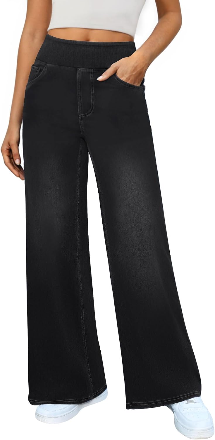 Women's Pull On Wide Leg Jeans - Elastic Waist Sweatpant Denim with Tummy Control for Work Days - Black