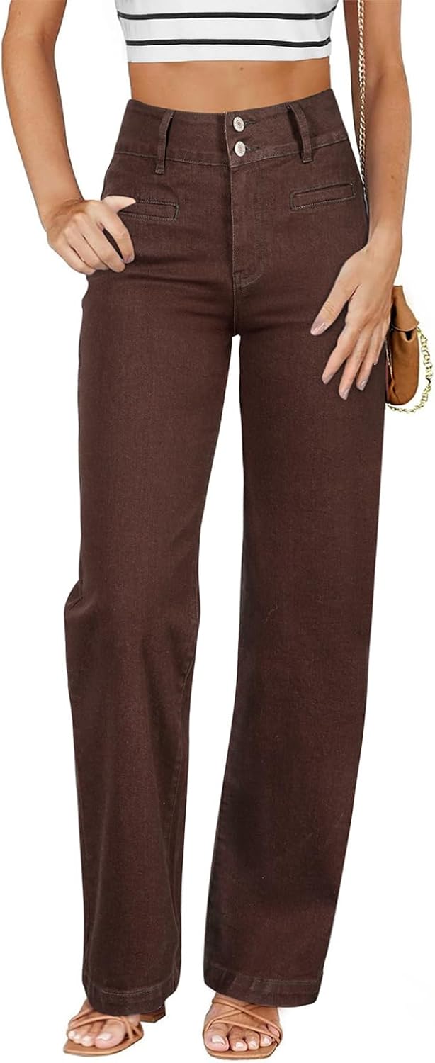 Women's High Waisted Straight Leg Jeans - Soft Stretch Denim with a Dual Button Closure and Pockets - 4