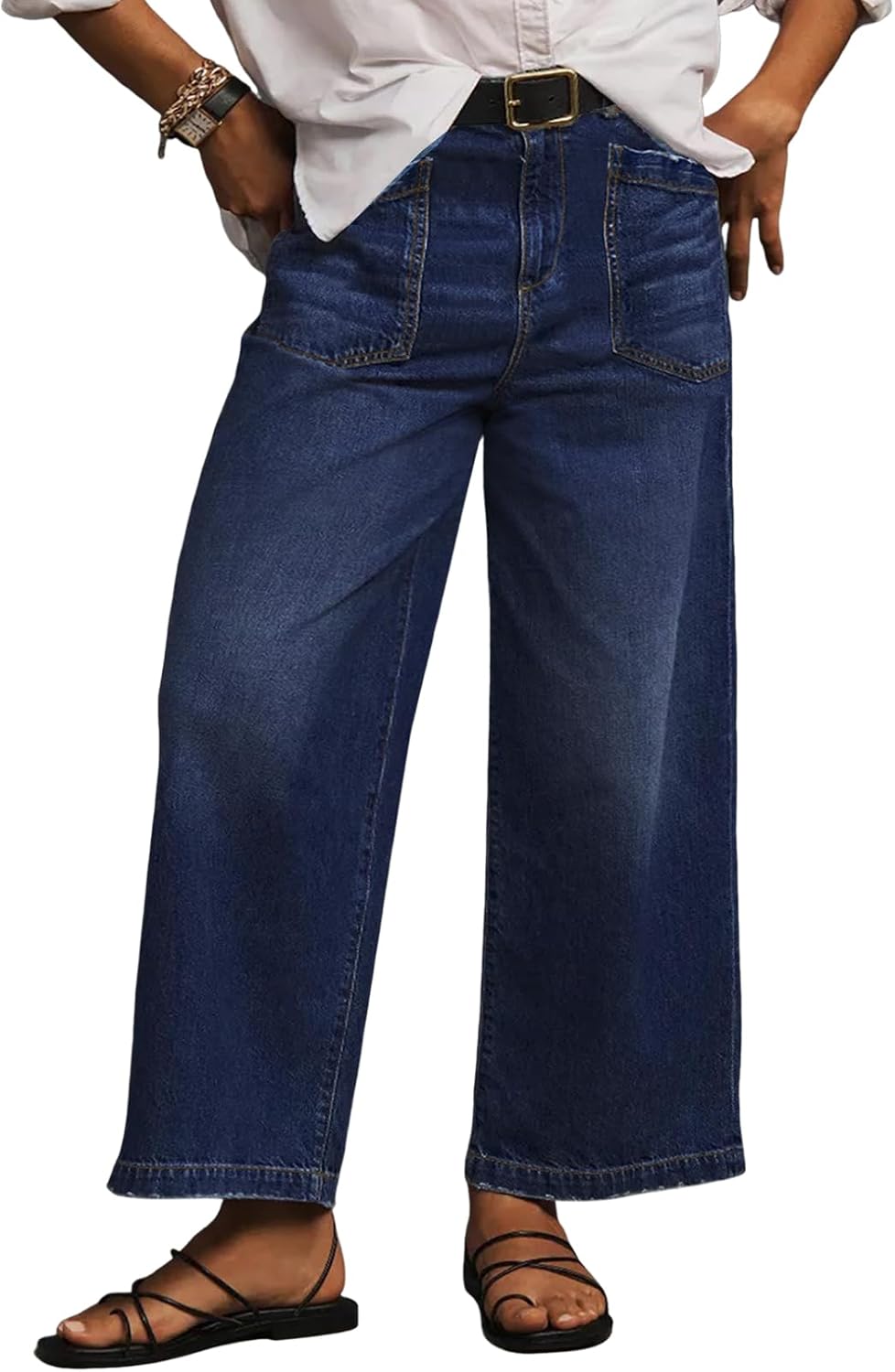 Women's Plus Size Wide Leg Jeans - High Waisted Baggy Stretch Denim with Pockets in Sizes 1X to 5X - 1X