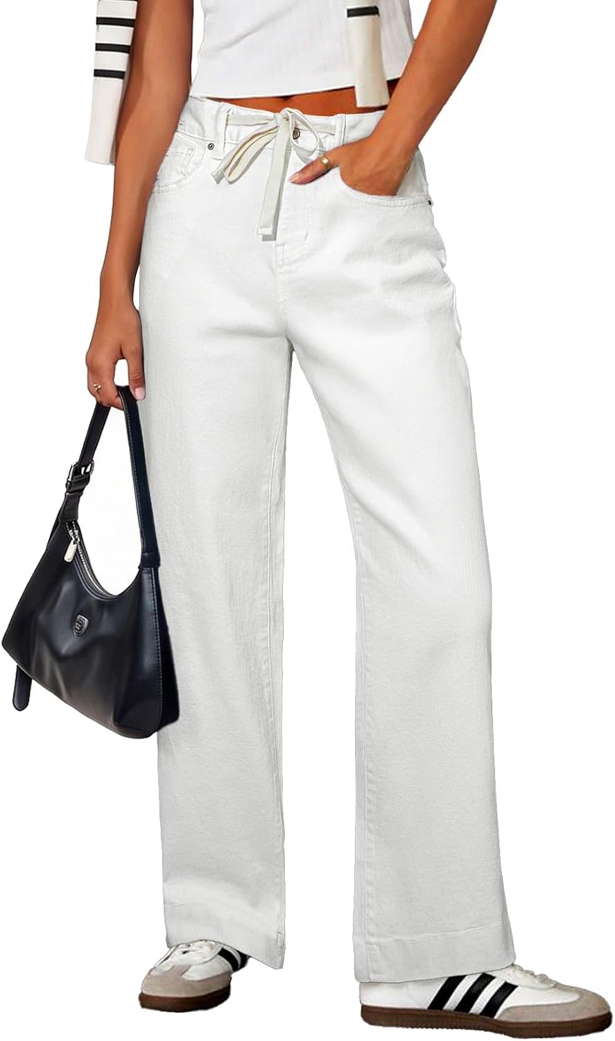 Women's High Rise Straight Leg Jeans - Stretch Denim with an Adjustable Drawstring and Pockets - 2