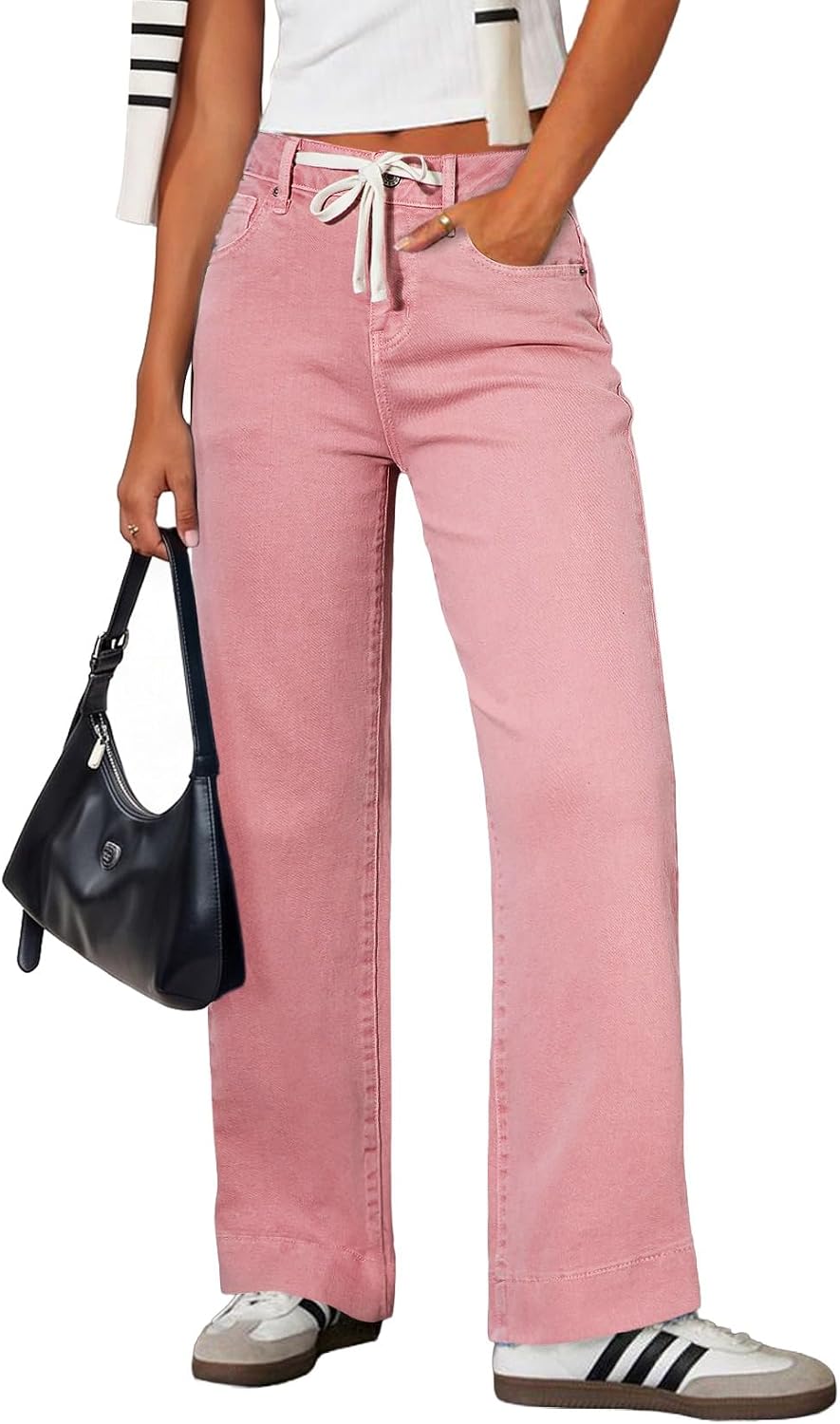 Women's High Rise Straight Leg Jeans - Stretch Denim with an Adjustable Drawstring and Pockets - 4