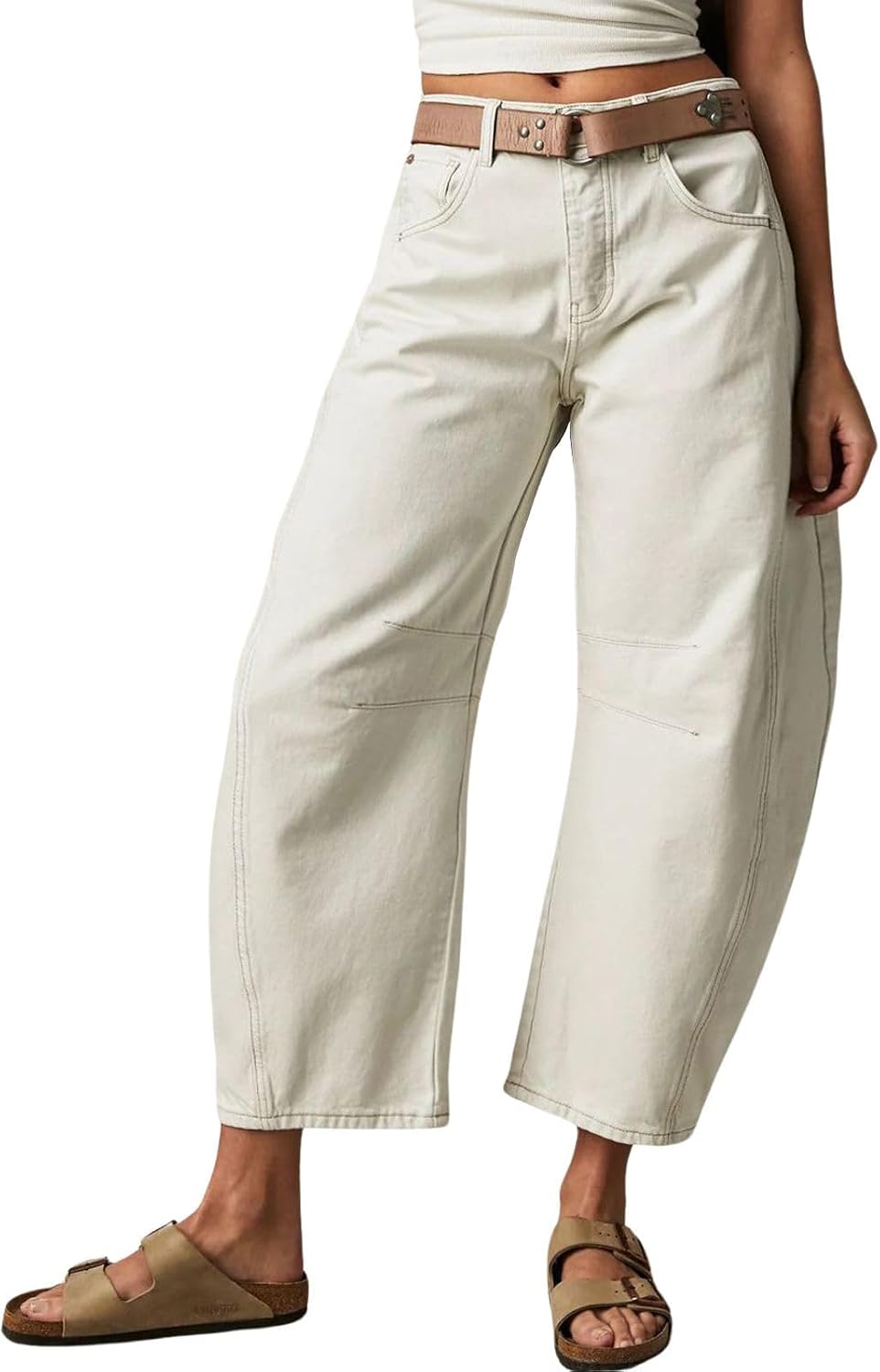 Women's Vintage Wash Barrel Jeans - Mid Rise Loose Wide Leg Cropped Denim for Weekend Outfits - Small