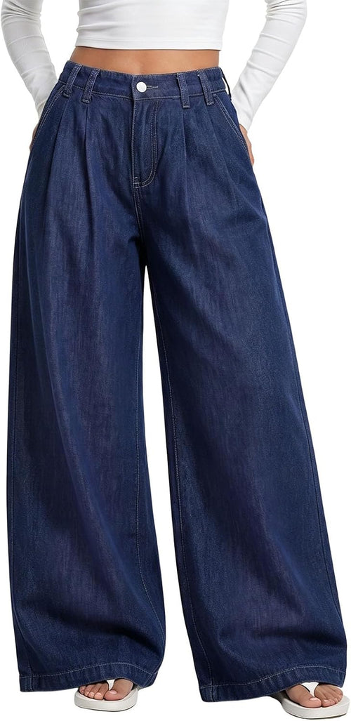 Women's Elastic Waist Wide Leg Jeans - Full Length Baggy Denim Pants for Relaxed Everyday Wear - Small