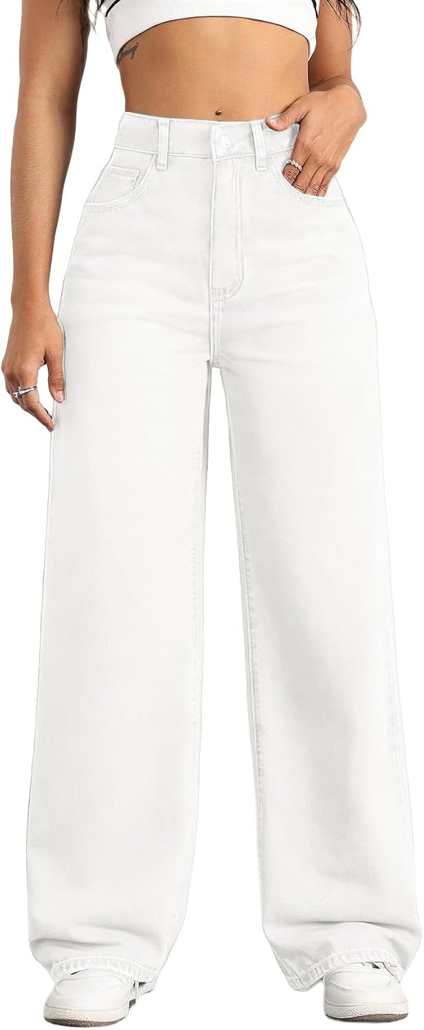 Women's High Rise Straight Leg Jeans - Baggy Boyfriend Denim with Five Pockets for Casual Wear - Beige