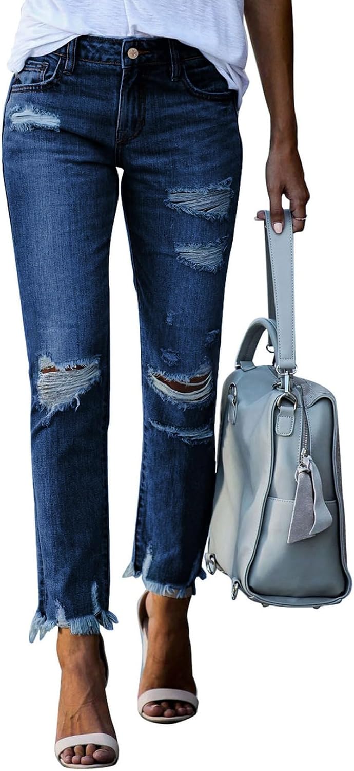 Women's Ripped Straight Leg Jeans - Distressed Boyfriend Denim with Raw Hem and Five Pockets - 4