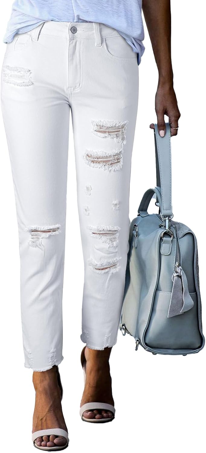 Women's Ripped Straight Leg Jeans - Distressed Boyfriend Denim with Raw Hem and Five Pockets - 4