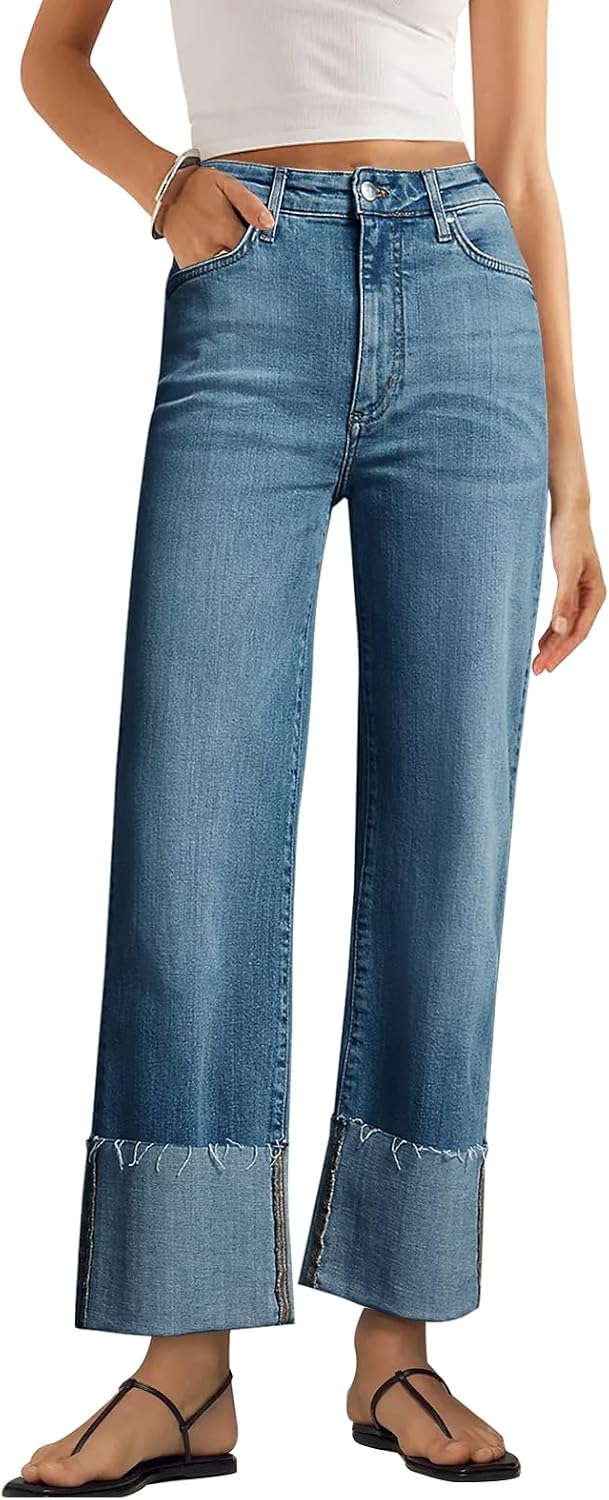 Women's High Waisted Wide Leg Jeans - Straight Leg Stretch Denim with Pockets for Everyday Outfits - 2