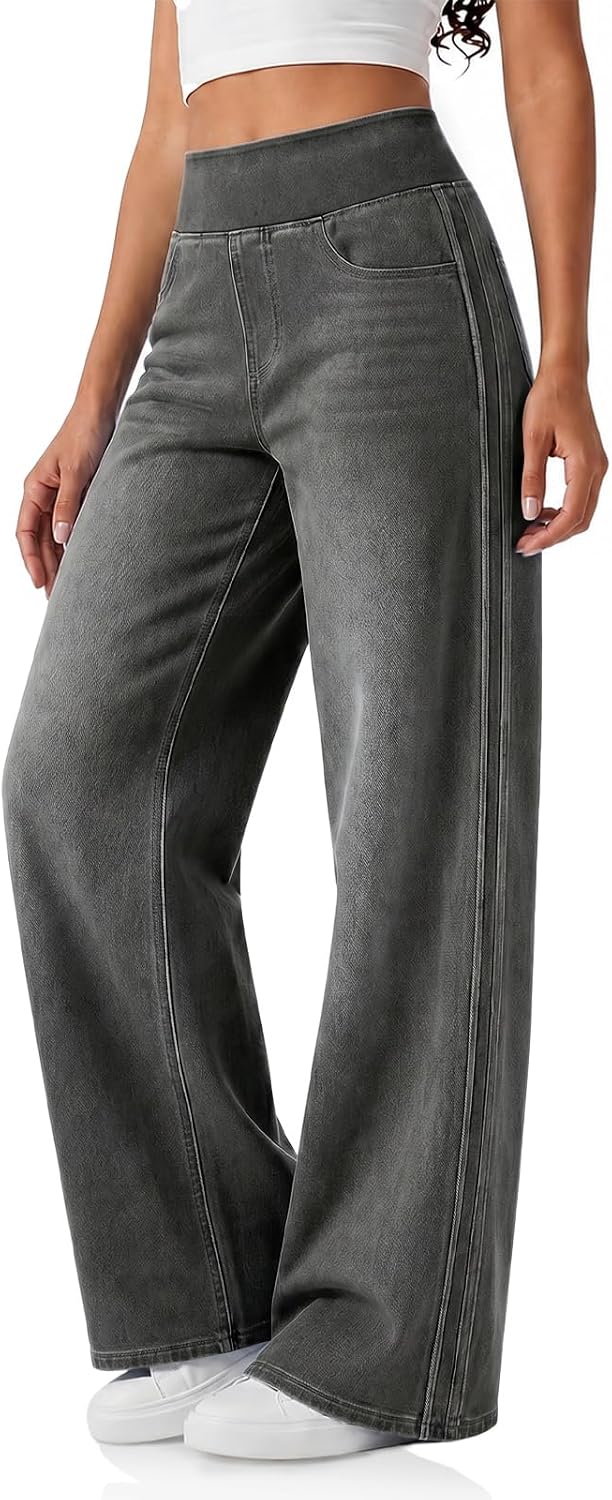 Women's Side Striped Wide Leg Jeans - Pull On Stretch Denim with Side and Back Pockets - Small