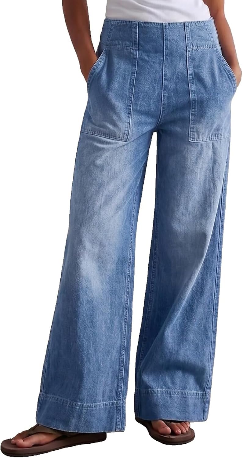 Women's Cotton Wide Leg Jeans - Low Mid Rise Pull On Baggy Denim with Oversized Pockets for Boho Outfits - Small