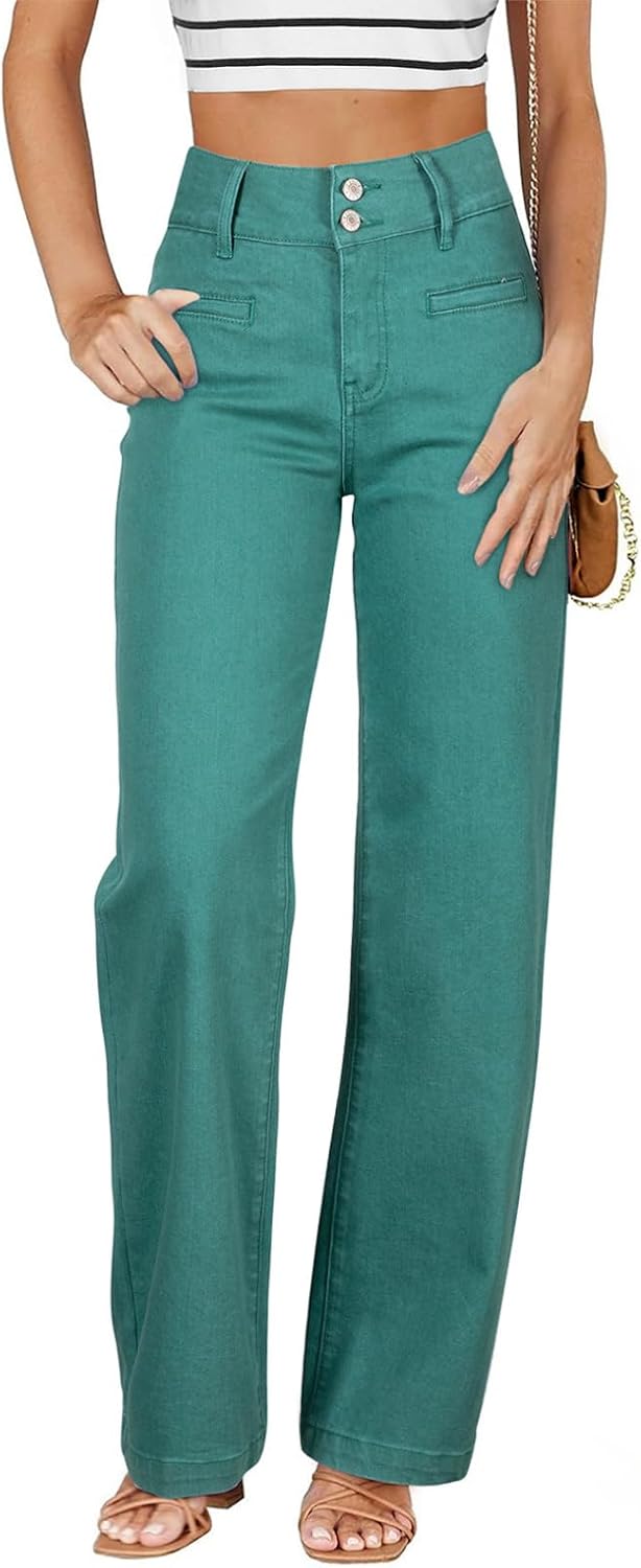 Women's High Waisted Straight Leg Jeans - Soft Stretch Denim with a Dual Button Closure and Pockets - 6