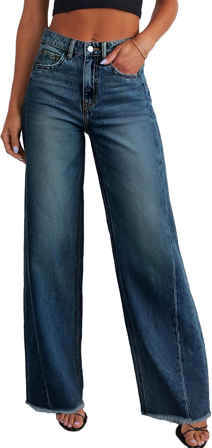 Women's High Waisted Wide Leg Jeans - Raw Hem Baggy Boyfriend Denim in Full Length for Daily Outfits - 2