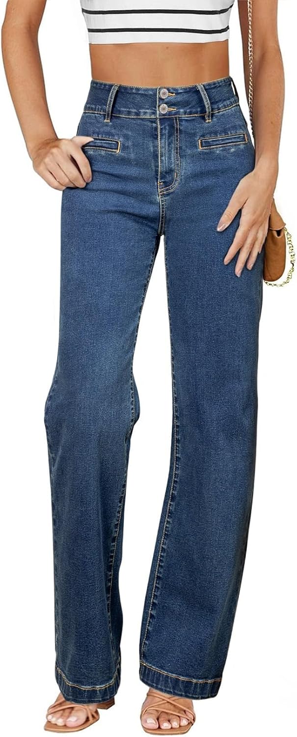 Women's High Waisted Straight Leg Jeans - Soft Stretch Denim with a Dual Button Closure and Pockets - 2