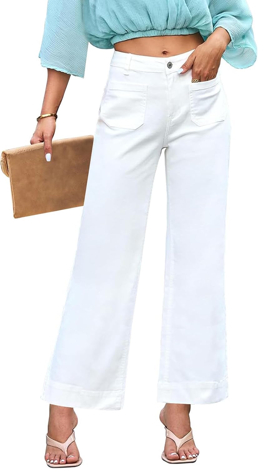 Women's High Waisted Wide Leg Jeans - Straight Leg Stretch Denim with Pockets for Everyday Outfits - 4
