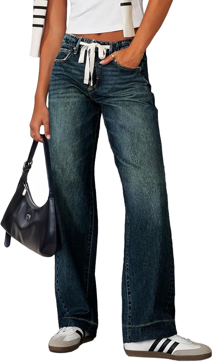 Women's High Rise Straight Leg Jeans - Stretch Denim with an Adjustable Drawstring and Pockets - 4