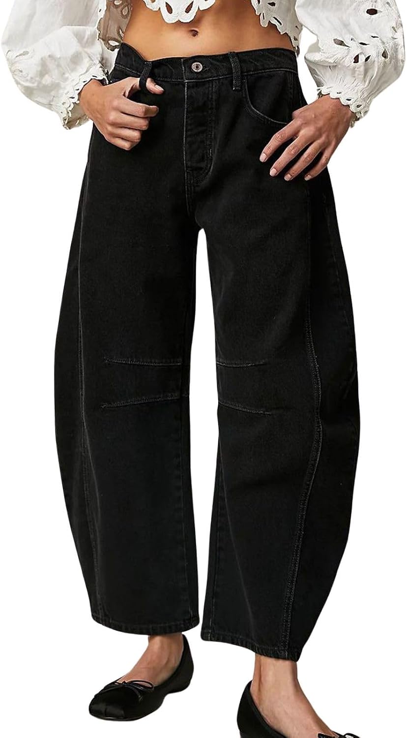 Women's Vintage Wash Barrel Jeans - Mid Rise Loose Wide Leg Cropped Denim for Weekend Outfits - Small