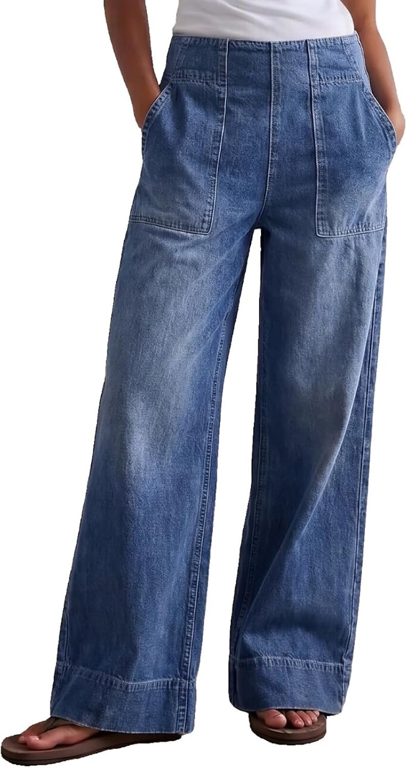 Women's Cotton Wide Leg Jeans - Low Mid Rise Pull On Baggy Denim with Oversized Pockets for Boho Outfits - Small