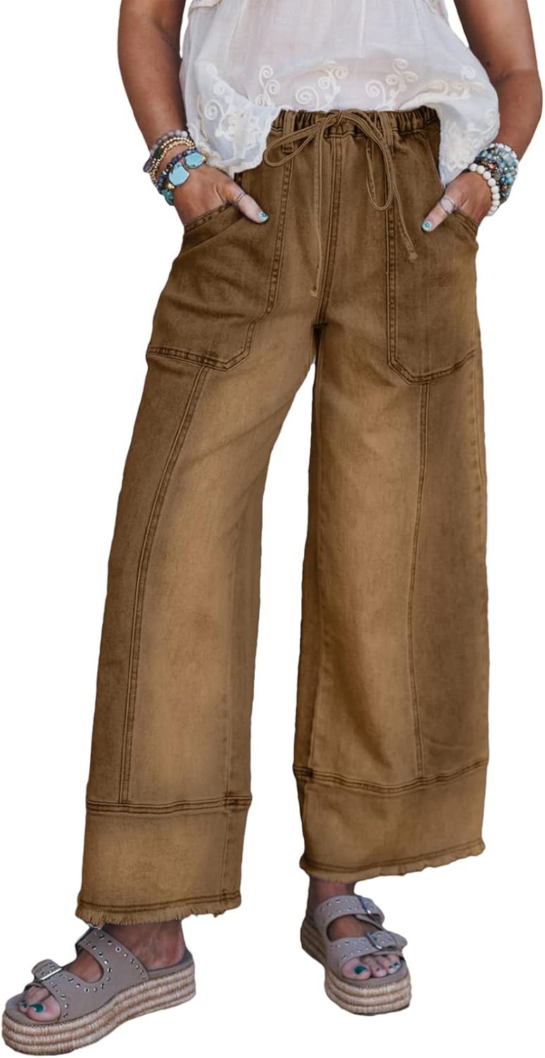 Women's High Waisted Wide Leg Jeans - Baggy Stretch Denim with an Adjustable Drawstring Waist - 6