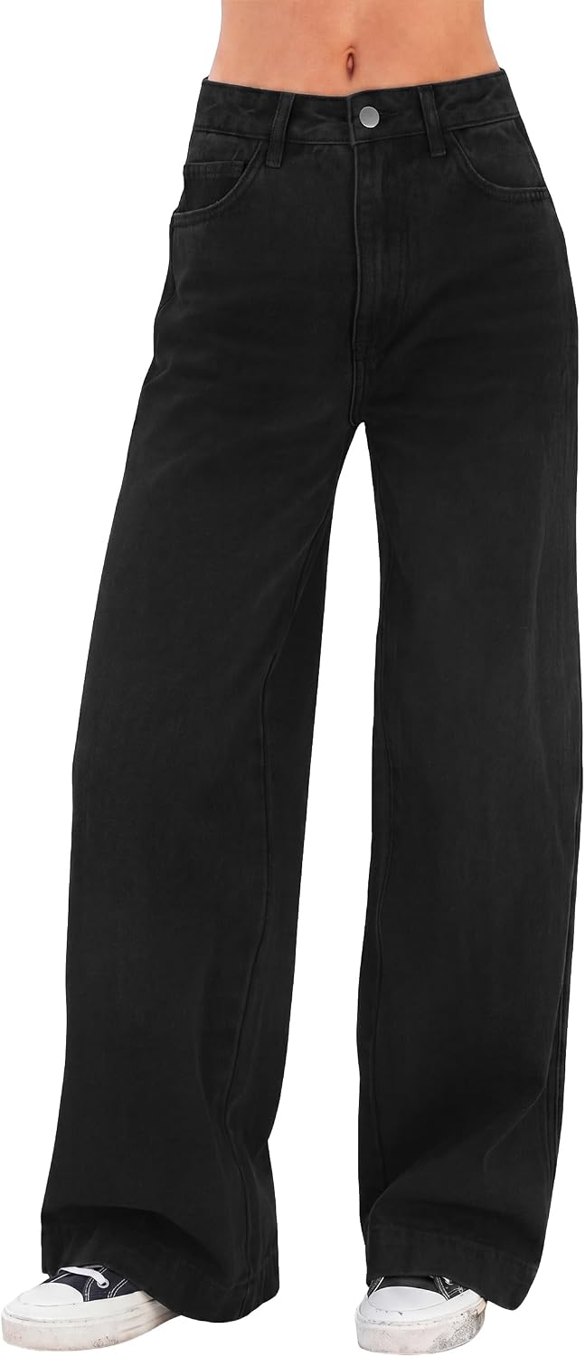 Women's High Waist Wide Leg Jeans - Stretchy Baggy Denim Trousers with Pockets for Relaxed Daily Wear - Small (13)