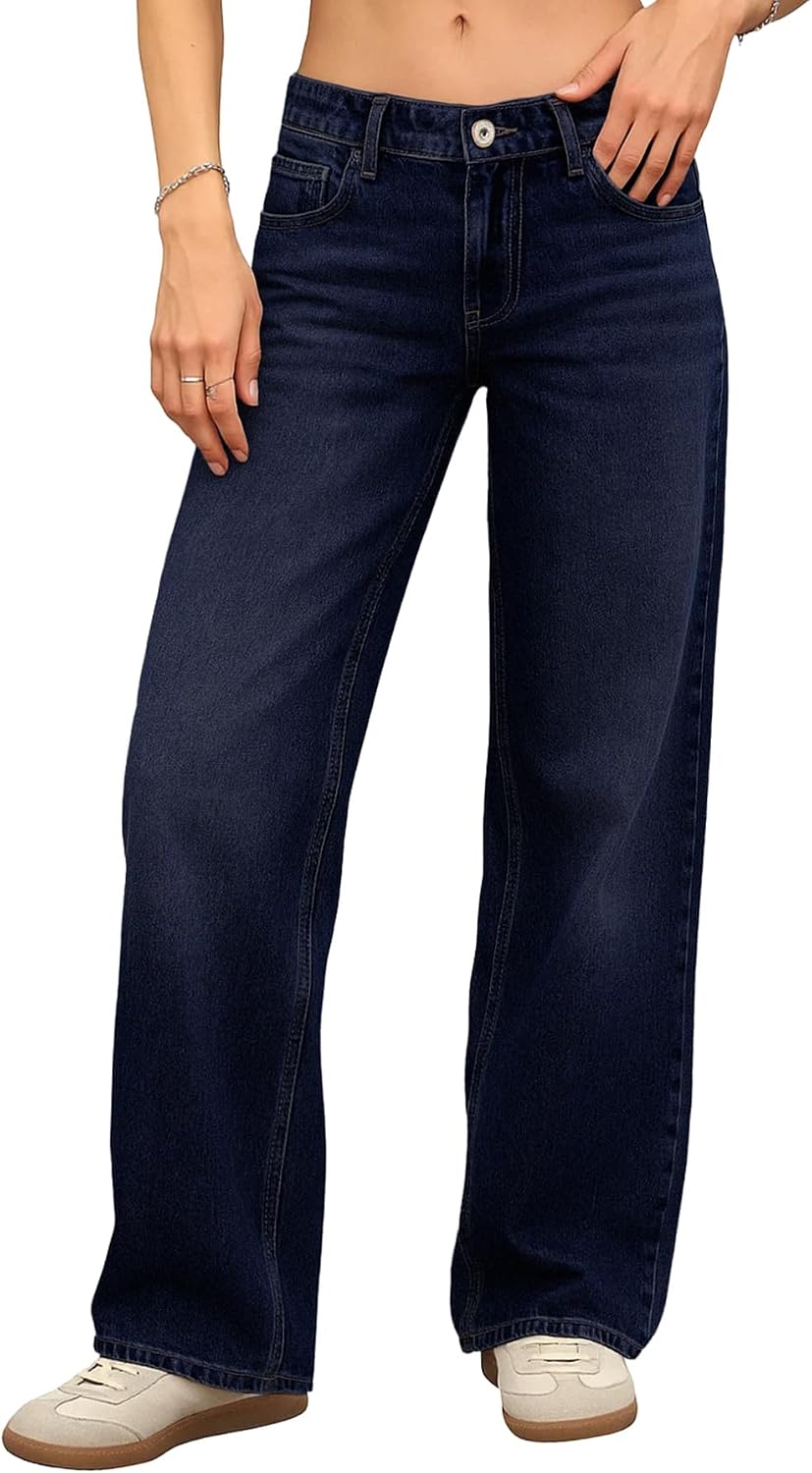 Women's Low Rise Baggy Jeans - Straight Leg Stretch Denim in a Loose Boyfriend Fit for Y2k Outfits - 0