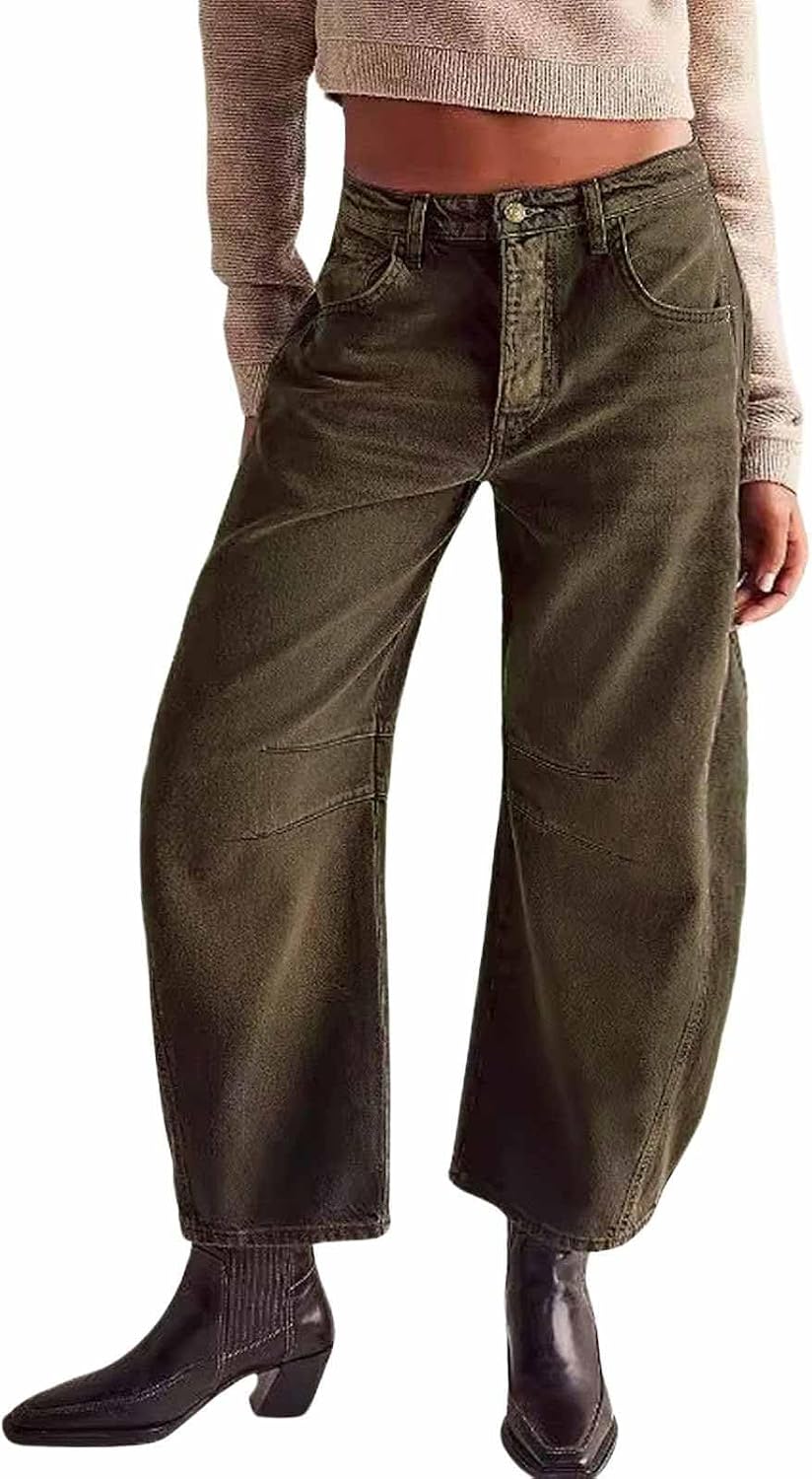 Women's Vintage Wash Barrel Jeans - Mid Rise Loose Wide Leg Cropped Denim for Weekend Outfits - Small (10)